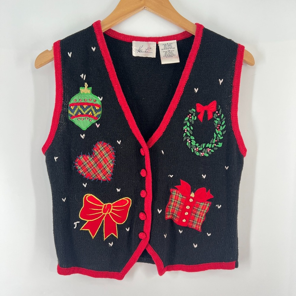 Vintage Kathie Lee Christmas Sweater Vest Women's Small Black Knit Ugly Holiday